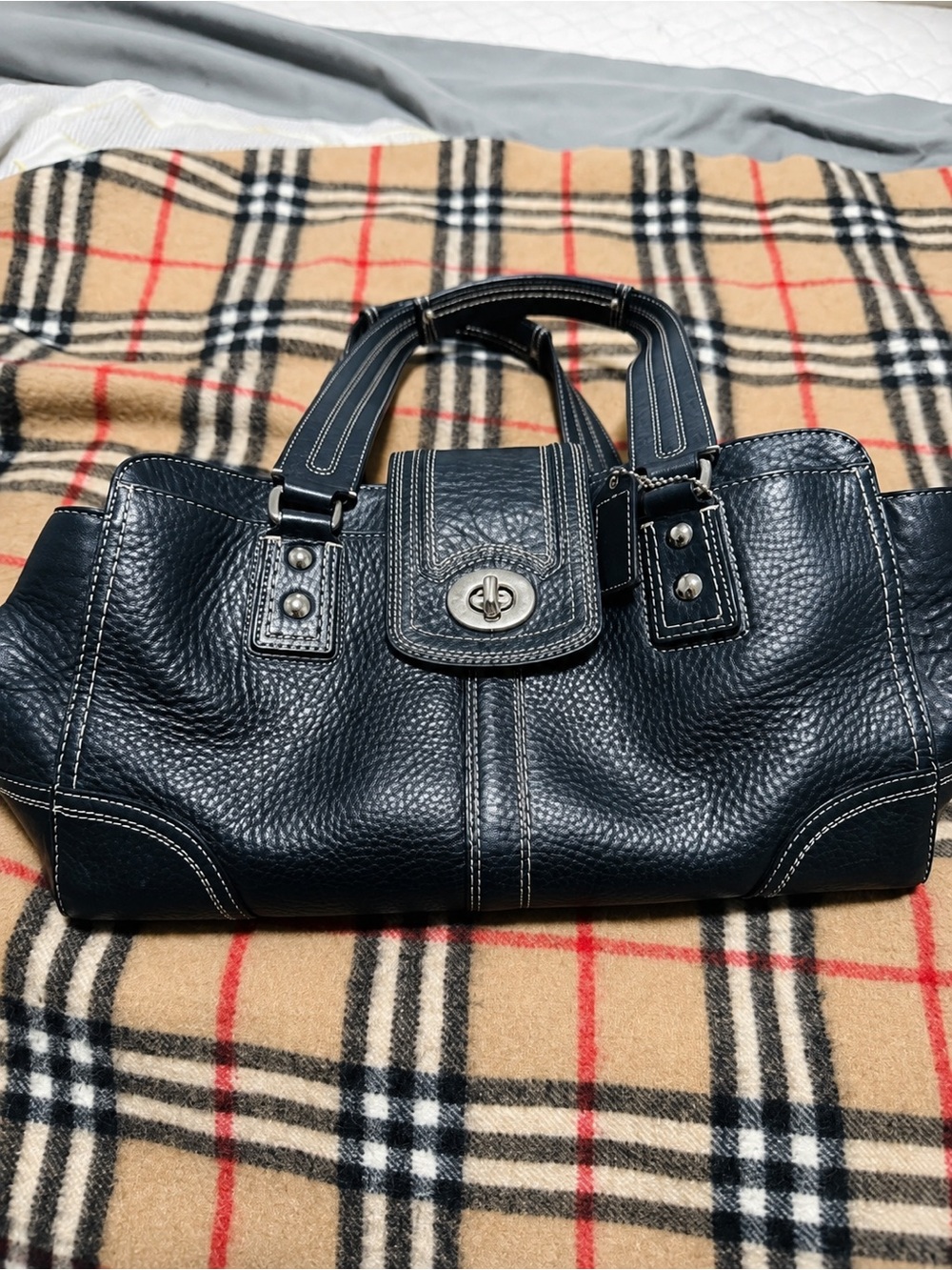 Vintage Coach Black Leather Shoulder Bag with Turn Lock Silver Hardware